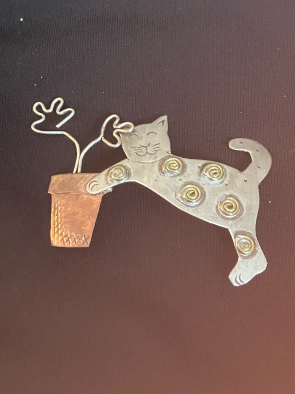 Cute Metal Cat Brooch with Flower Pot - Silver & Gold Tones